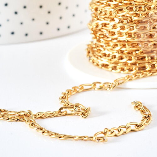 Chaine figaro acier inoxydable dorée 14 carats 4mm, x1 metre (g8372)
