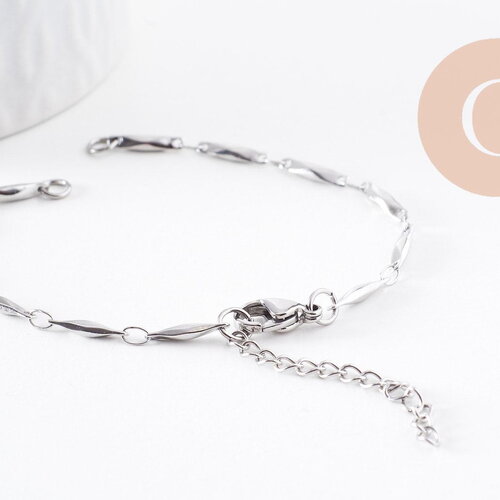 Base de bracelet chaine maille tige réglable acier 304 inoxydable platine 2.5mm-17.3cm, x1 (g10054)