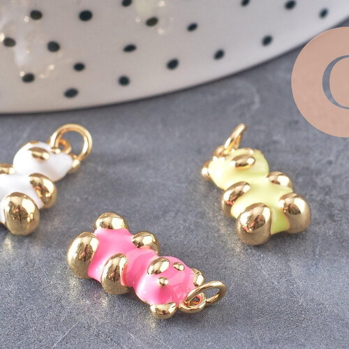 Pendentif ourson laiton doré 18k résine colorée 17.5mm, pendentif laiton jouet, bijou d'enfance, x1 (g6263)