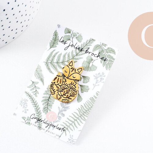 Broche renard gravée acier 304 inoxydable doré 35mm, décoration veste, x1 (g9782)