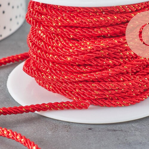Cordon satiné torsadé rouge et or largeur 2.5-3mm, x1 mètre (g6713)