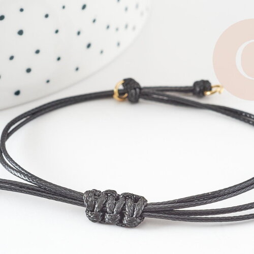 Bracelet réglable cordon ciré noir or acier 304 inoxydable 13-14cm, bracelet cordon acier inoxydable, x1 g9267