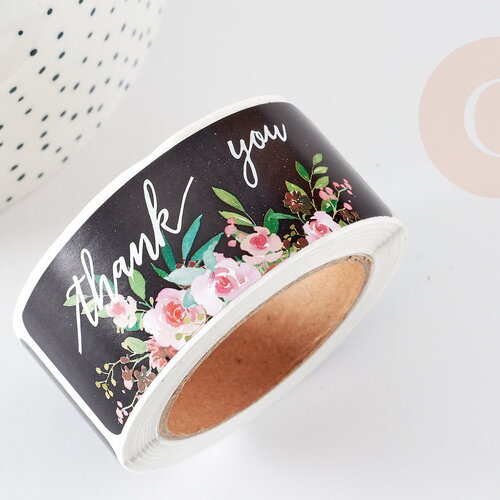 Autocollants merci fleurs noirs 75mm, préparation paquet cadeau, emballage, remerciements, rouleau 120 autocollants, x1 g6135