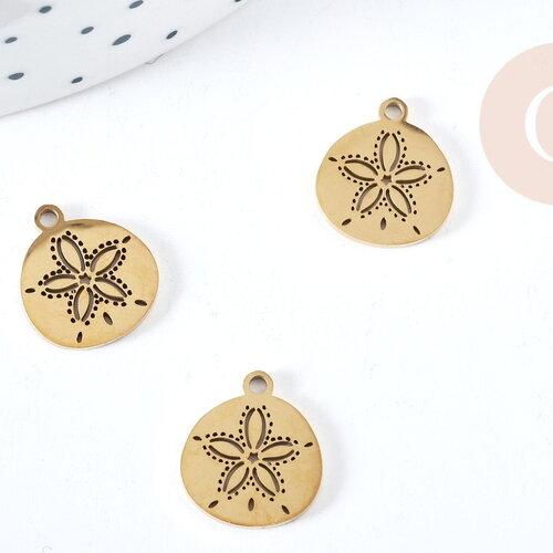 Pendentif médaille fleur acier 304 inoxydable doré 13,5mm,création bijoux acier inoxydable x1 g8730