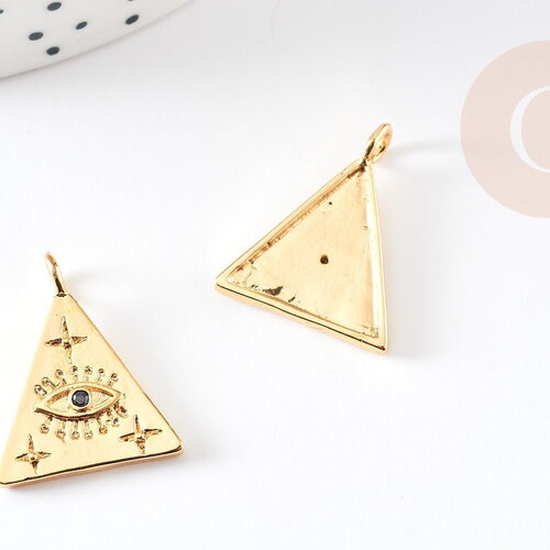 Pendentif médaille triangle oeil laiton doré18k texturé zircon, pendentif doré sans nickel pour la création bijoux,23.5mm, x1 g4469