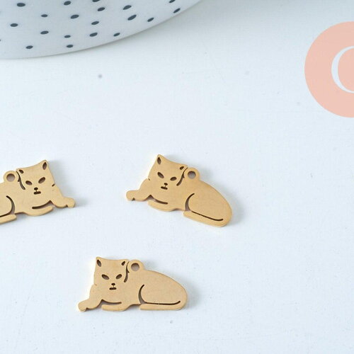 Pendentifs chat couché acier doré inoxydable 18mm, pendentif en forme de chat pour la création de bijoux acier doré, x1,g6012