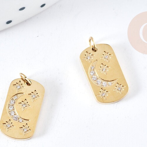 Pendentif rectangle lune étoiles zircons acier 316 doré inoxydable 15mm, x1 (g8817)