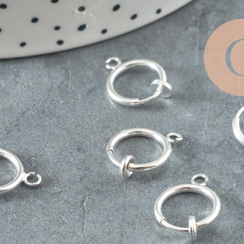 Anneaux créoles laiton argenté pour oreilles non percées 15.5mm, x2 (g9644)