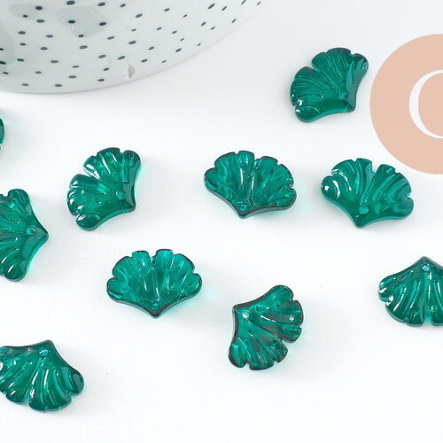 Pendentif verre vert feuille gingko 15x20mm,pendentif verre pour création bijoux, x10 g4700