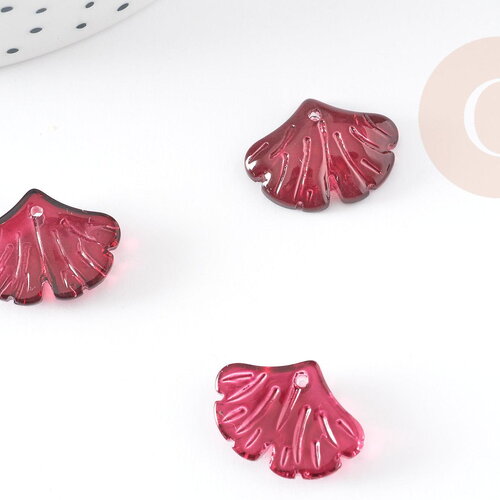 Pendentif verre fuchsia feuille gingko,pendentif verre pour création bijoux, 15x20mm, x10 (g4702)