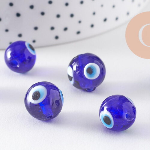 Perles rondes mauvais oeil bleue,perle bijoux, perles rondes,perle verre artisanal chance pour création bijoux, 12mm, x10 (g3338)
