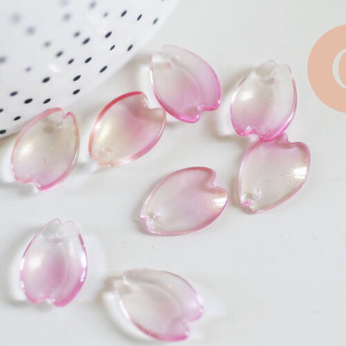 Pendentif pétale verre rose 16mm, perles verre tchèque, perle végétal, x10 (g7088)