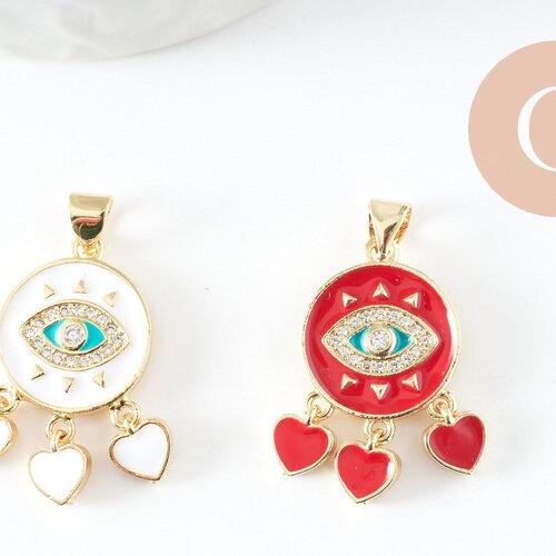 Pendentif doré oeil et coeur émail résine zircon, pendentif pour femme en métal doré pour la création de bijoux,26.5mm, x1 (g3577)