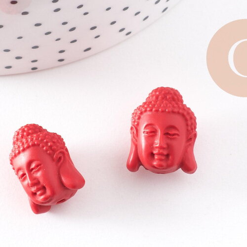 Perle tête de bouddha résine rouge, perle inde bouddhisme spiritualité,perle voyage inde,18mm, x2 (g4167)