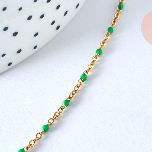 Chaine acier dorée 14k résine colorée vert,chaine collier, fantaisie, chaine complète,2mm, 45cm, x1 g2417