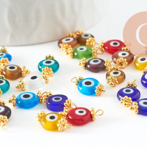 Pendentif rond verre oeil protecteur multicolore support zamac doré 9mm, x10 g9715