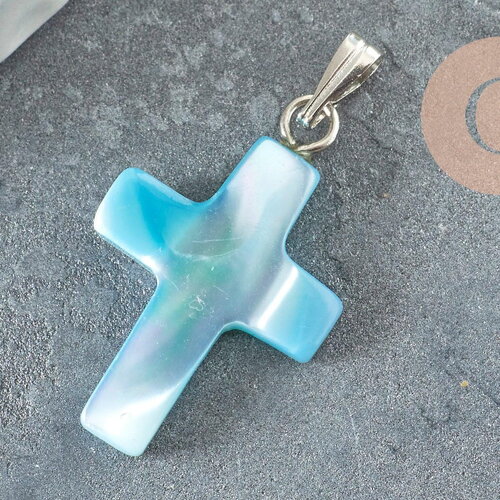 Pendentif croix nacre bleu, fournitures créatives, pendentif pierre, support argenté, pendentif,création bijoux, nacre naturelle, 22mm, x1 g