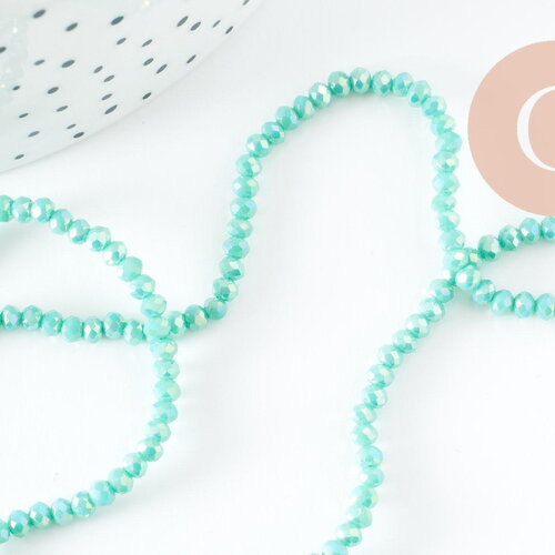 Perles rondelle verre irisée facettée vert irisé ab 3x2mm, création bijoux cristal, fil de 42cm, x1 (g7392)