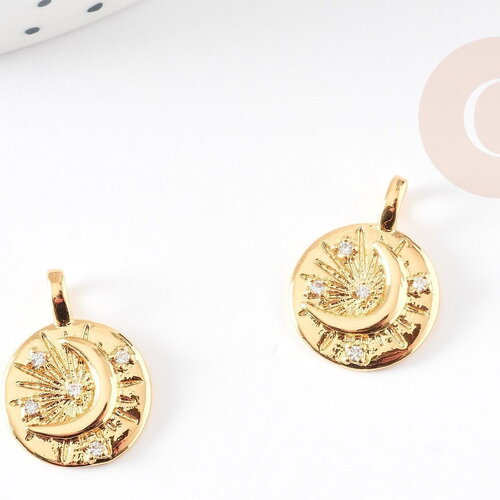 Pendentif médaille ronde lune laiton doré zircons, un pendentif doré avec cristaux pour création bijoux,18mm, x1 g4856