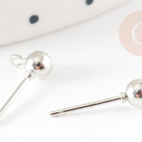 Clous-puces oreille boule acier 304 platine et anneau 5mm, x10 (g9269)