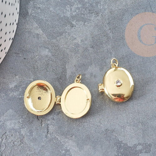 Pendentif locket médaillon ovale laiton doré 18k zircon 22x19.5mm, médaillon porte photo création de bijoux, x1 g9046