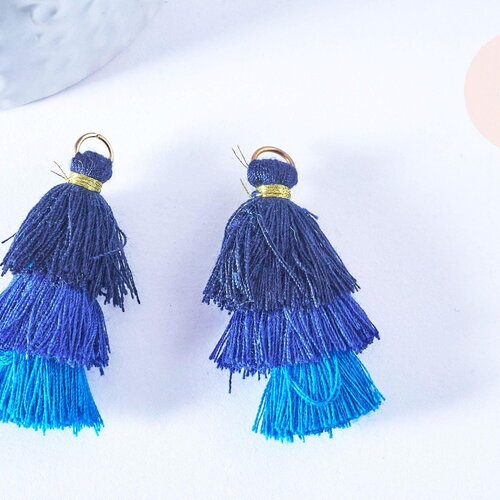 Pompon tricolore camaieu bleu coton 43mm, fournitures créatives, décoration pompon, triple pompon, boucles pompon, x1 g2127
