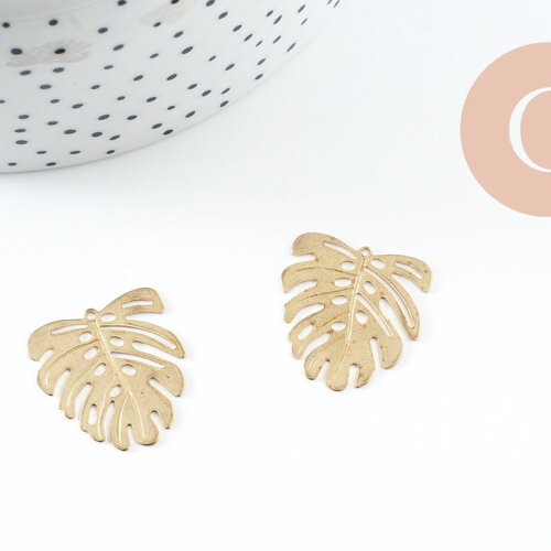 Pendentif feuille laiton,breloque laiton brut,bijou laiton,feuille monstera, bijoux,pendentif laiton brut,22mm, x2 (g1763)