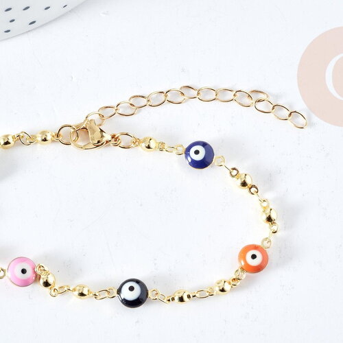 Bracelet chaine oeil protecteur multicolore acier inoxydable doré 304 19cm, x1 (g8739)