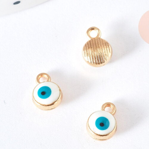Breloque rond œil émail blanc 10mm, pendentif mauvais œil en résine, création bijoux chance, x 10 g7117