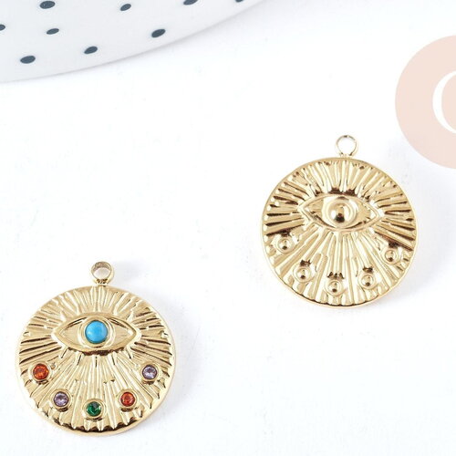 Pendentif rond oeil acier doré inoxydable zircons multicolores 18mm, un joli pendentif pour la création de bijoux diy, x1 g8716
