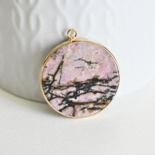 Pendentif rond rhodonite,rhodonite naturelle,pendentif rhonodite,35mm, x1 g2815