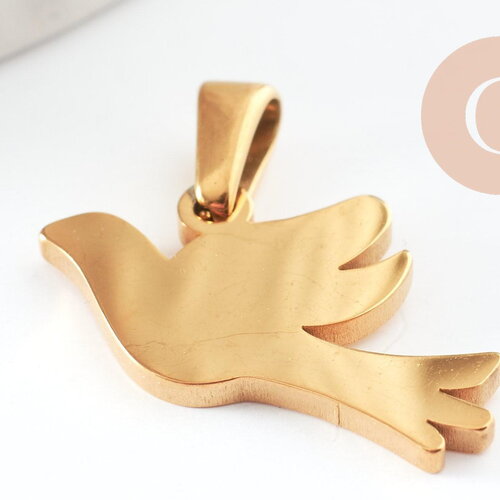 Pendentif oiseau colombe acier 304 inoxydable doré 16.5mm, x1 (g9577)
