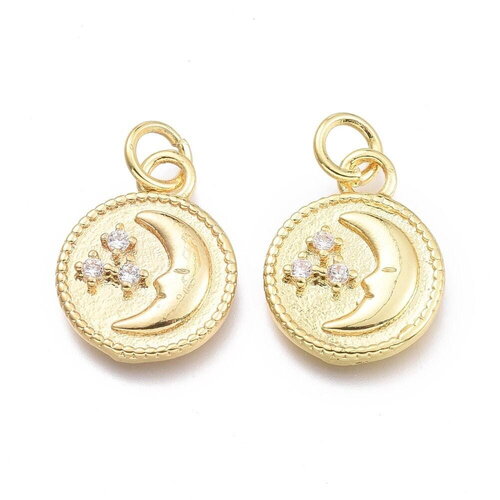 Pendentif rond lune étoiles laiton doré 16k étoile zircon 15.3mm, un pendentif doré avec cristaux pour création bijoux, x1 g5998