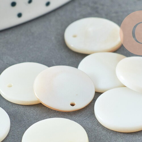 Pendentif rond nacre blanche 15mm, pendentif coquillage blanc naturel, 15mm, x10 ou x20 (g2181)