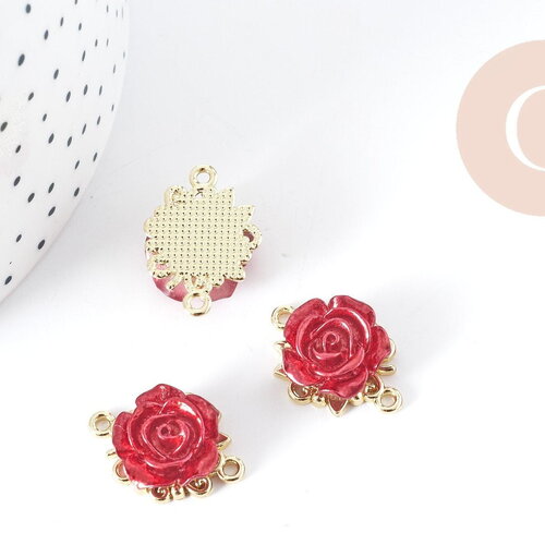 Connecteur fleur rose rouge zamac doré 22.5mm, pendentif création de bijoux, x1 g9010