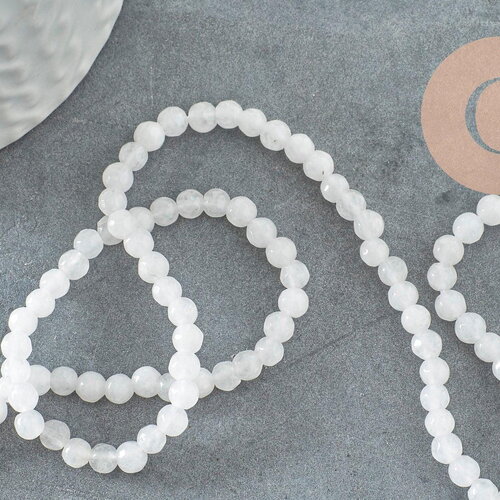 Perle jade naturel blanc facette 4mm, pierre naturelle, x1 fil de 36.5cm (g3001)