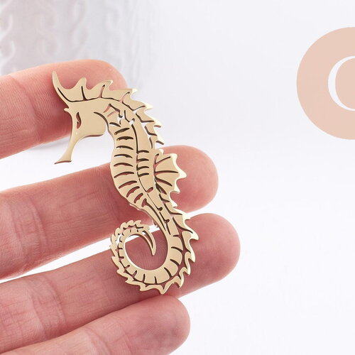 Broche hippocampe acier 201 inoxydable doré 60mm, x1 (g9924)