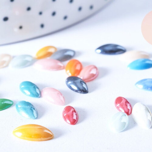 Cabochon dôme ovale oeil de cheval porcelaine irisée multicolore 4x10mm, céramique customisation ,x10 g8704
