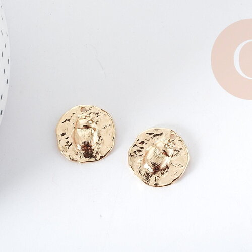 Médaille ronde scarabée laiton doré 18k 17mm, création bijoux chance x1 g9020