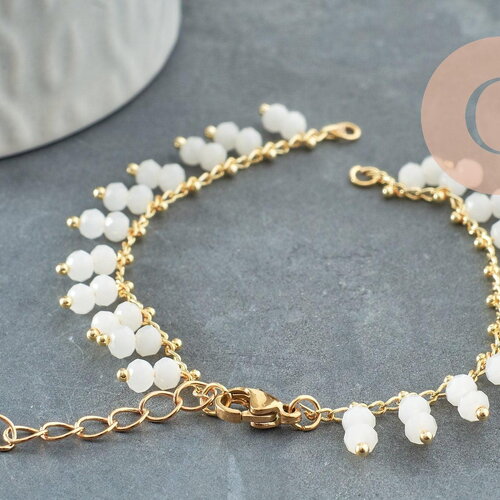 Base de bracelet chaine cheville laiton doré et perles verre blanche 16.2cm, x1 (g9635)