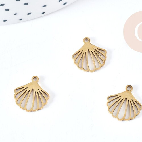 Pendentif breloque coquillage acier 304 doré inoxydable 13.5mm, pendentif acier pour création bijoux, x1 g8620