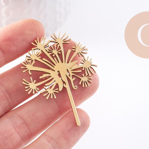 Broche pissenlit dandelion acier 201 inoxydable doré 52.5mm, décoration veste, x1 (g9925)