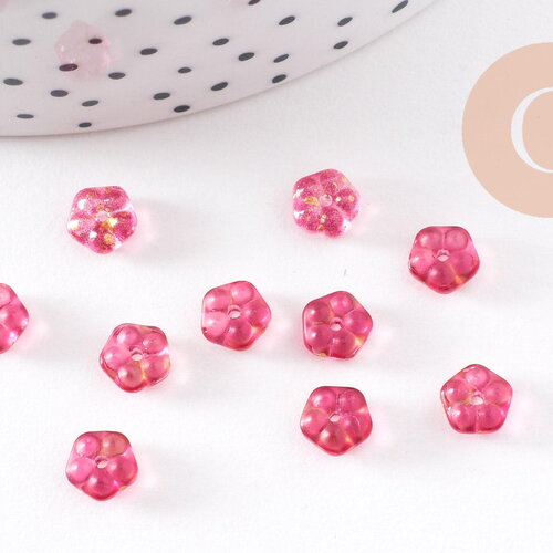Perles fleur verre rouge et or, perles verre tchèque, perles fleur, verre violet, 6x3mm, x10 (g4195)