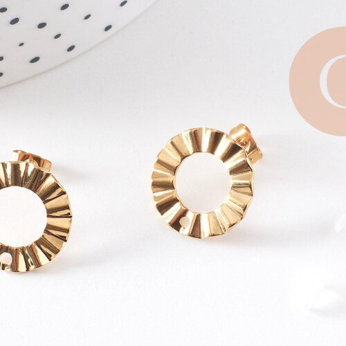 Boucles d'oreilles puce disque texturé acier 304 inoxydable doré ip 18k 18mm, x2 (g10477)