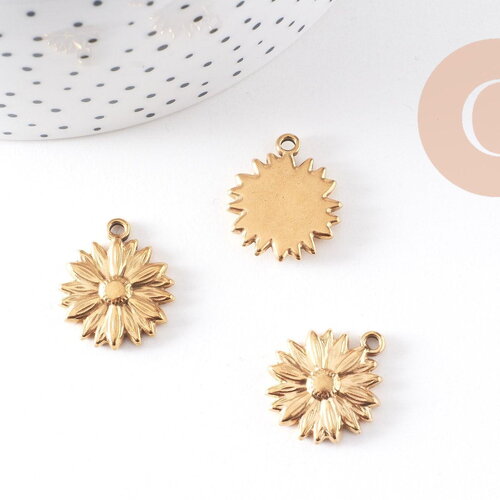 Pendentif médaille ronde fleur marguerite acier 304 inoxydable doré 21.5mm, x1 (g10481)