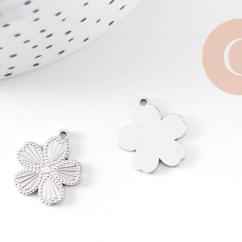 Pendentif médaille ronde fleur acier 304 inoxydable platine 17.5mm, x1 (g10480)