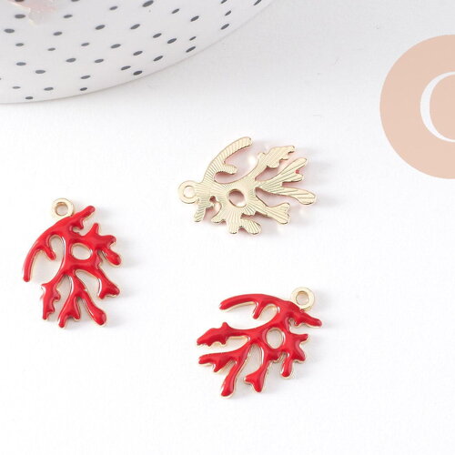 Pendentif corail émail rouge zamac doré 21.5mm, x2 (g10474)