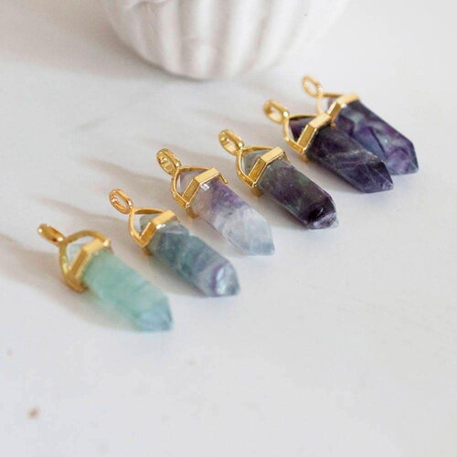Pendentif pointe fluorite violette verte,pendentif bijoux, pendentif pierre, création bijoux,fluorite naturelle,40mm, x1 g5656