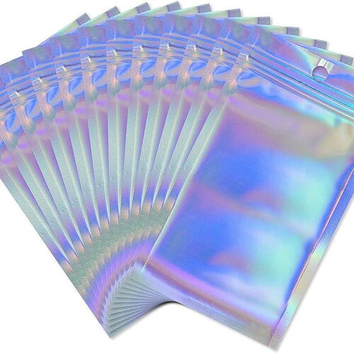 Sacs zippé plastique rectangle gris holographique 14.9x10.5cm, x5 (g8757)