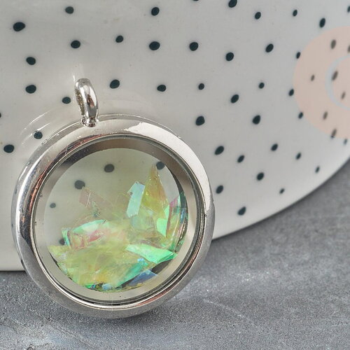 Pendentif locket medaillon verre laiton argenté 35mm, médaillon transparent, création sautoir, pendentif vitrine, x1 g9217